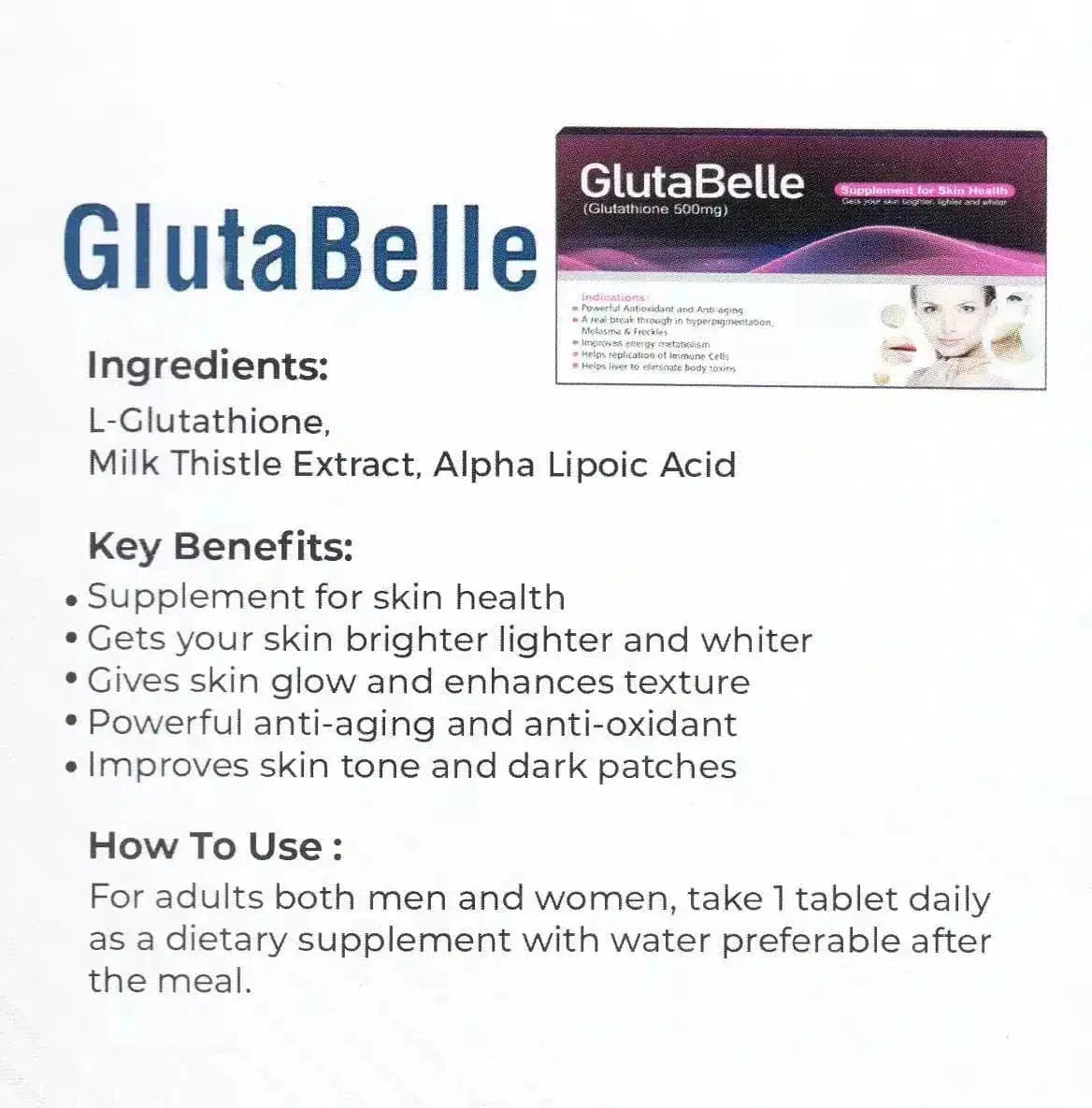 GLUTA BELLE SUPPLEMENT FOR SKIN HEALTH 500mg - dermatologists.pk