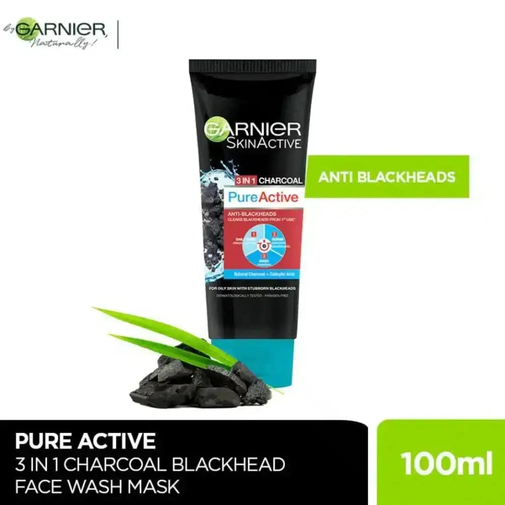 GARNIER SKIN ACTIVE 3-IN-1 CHARCOALBLACKHEAD FACE WASH MASK SCRUB 100ml