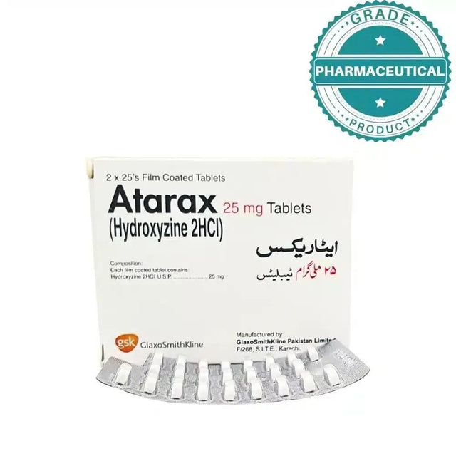 ATARAX TABLETS (HYDROXYZINE 2HCI) 25mg PACK OF 50 FILM COATED TABLETS 