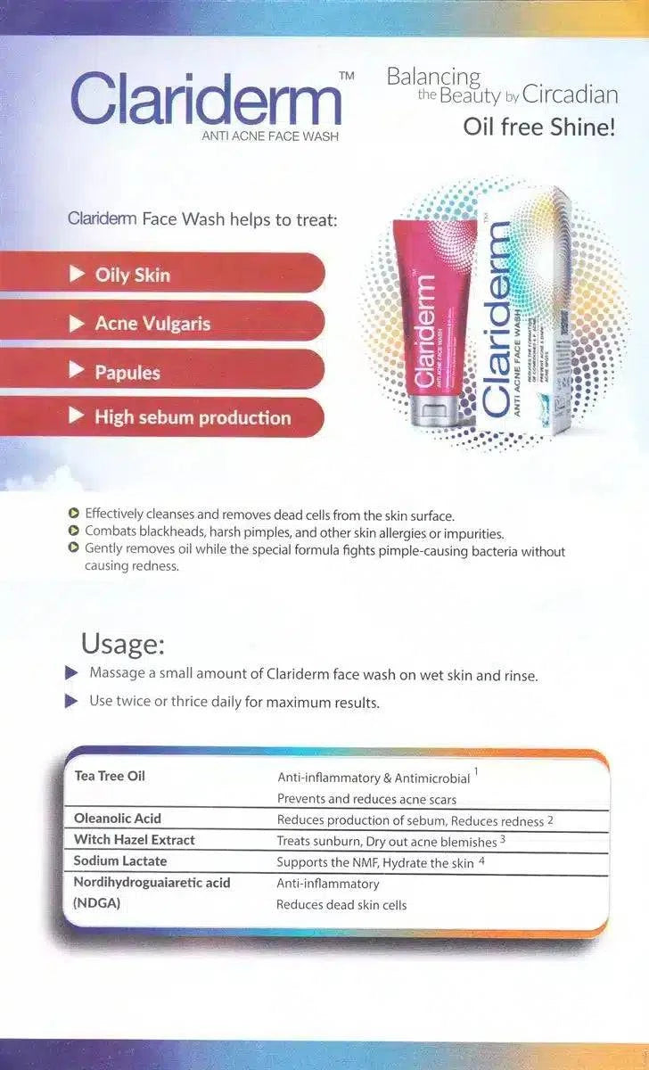 CLARIDERM ANTI ACNE FACE WASH 60ml - dermatologists.pk