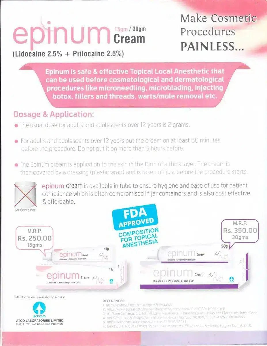 EPINUM CREAM (LIDOCAINE PRILOCAINE) 30gram - dermatologists.pk