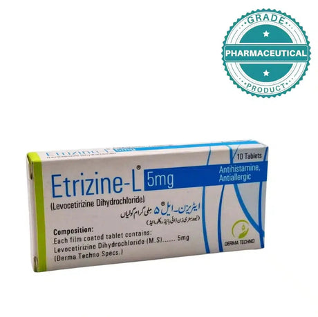 ETRIZINE-L TABLET (LEVOCETIRIZINE DIHYDROCHLORIDE) 5mg PACK OF 10 TABLETS - dermatologists.pk