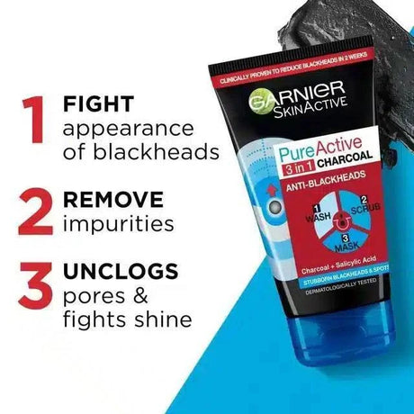 GARNIER SKIN ACTIVE 3-IN-1 CHARCOAL BLACKHEAD FACE WASH SCRUB 50ml