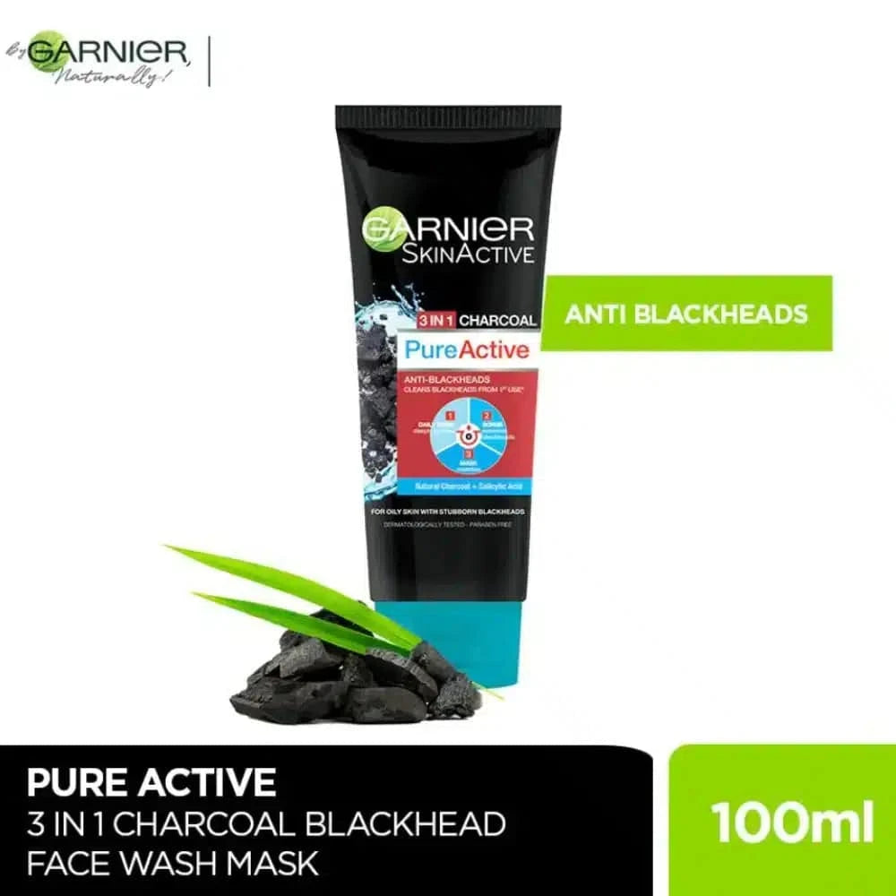 GARNIER SKIN ACTIVE 3-IN-1 CHARCOALBLACKHEAD FACE WASH MASK SCRUB 100ml