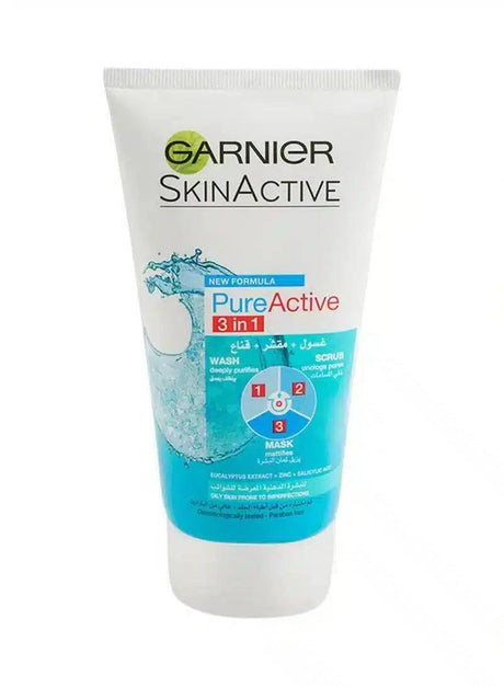 GARNIER SKIN ACTIVE 3-IN-1 CLAY FACE WASH MASK SCRUB 100ml - dermatologists.pk