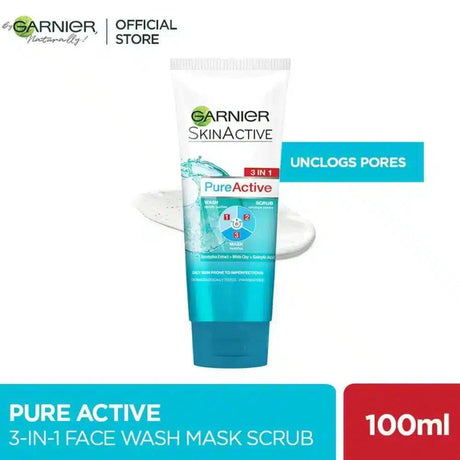 GARNIER SKIN ACTIVE 3-IN-1 CLAY FACE WASH MASK SCRUB 100ml