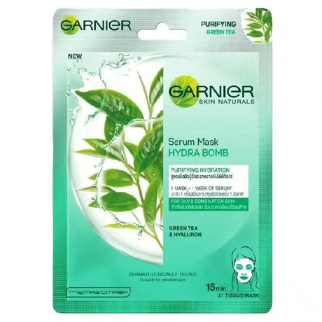 GARNIER SKIN ACTIVE HYDRA BOMB GREEN TEA TISSUE FACE MASK 28g - dermatologists.pk