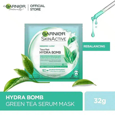 GARNIER SKIN ACTIVE HYDRA BOMB GREEN TEA TISSUE FACE MASK 28g - dermatologists.pk