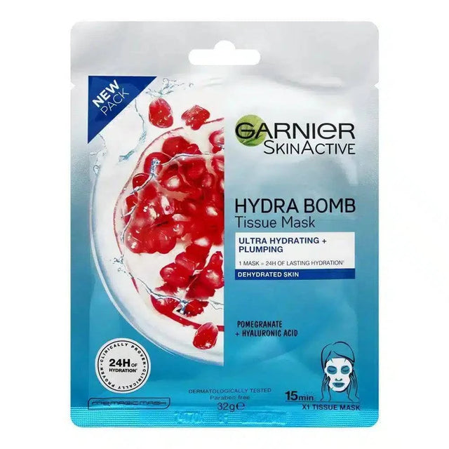 GARNIER SKIN ACTIVE HYDRA BOMB POMEGRANATE TISSUE FACE MASK 28g - dermatologists.pk