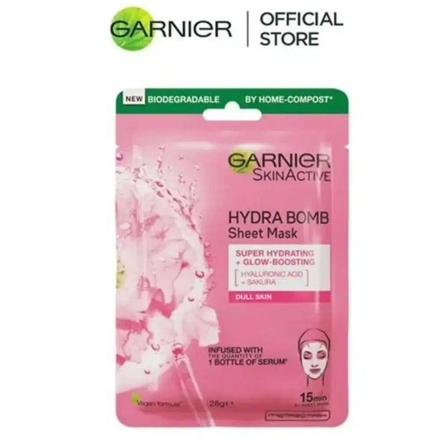 GARNIER SKIN ACTIVE HYDRA BOMB SAKURA TISSUE FACE MASK,HYDRATING AND GLOW BOOSTING 28g - dermatologists.pk