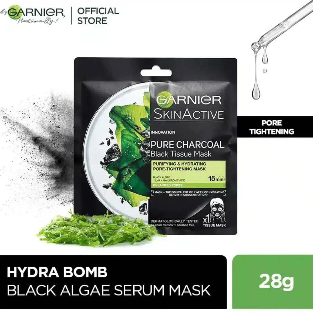 GARNIER SKIN ACTIVE PURE CHARCOAL BLACK AGLAE TISSUE FACE MASK 28 g - dermatologists.pk