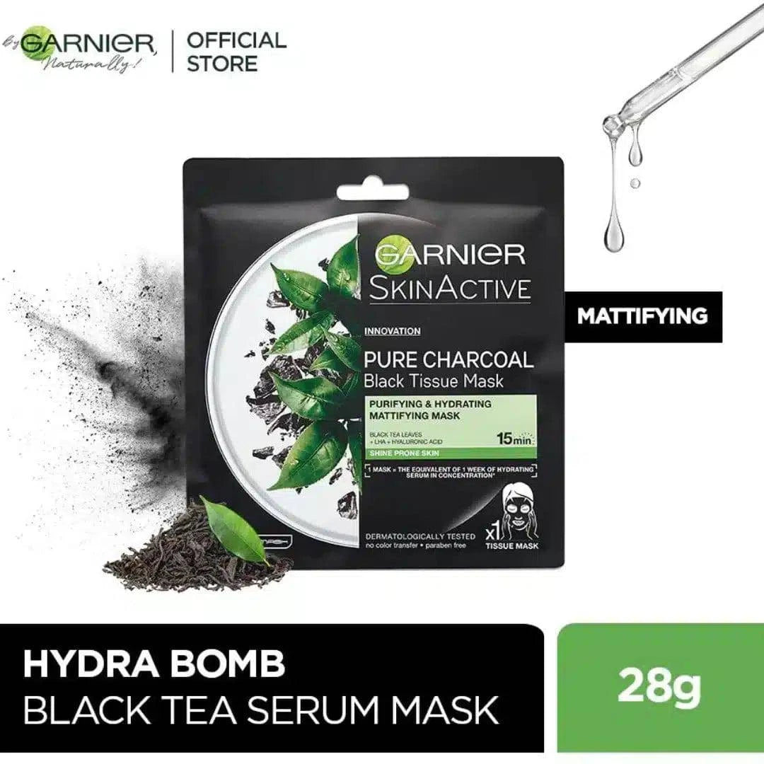 GARNIER SKIN ACTIVE PURE CHARCOAL BLACK TEA TISSUE FACE MASK 28 g - dermatologists.pk