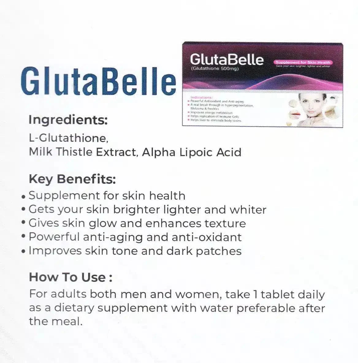 GLUTA BELLE SUPPLEMENT FOR SKIN HEALTH 500mg - dermatologists.pk