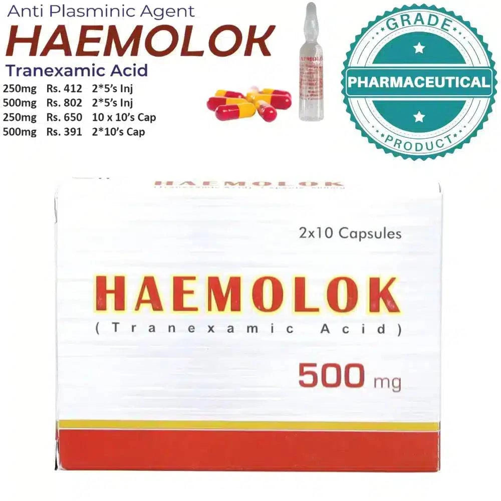 HAEMOLOK CAPSULES (TRANEXAMIC ACID) 500 mg PACK OF 20 CAPSULES - dermatologists.pk