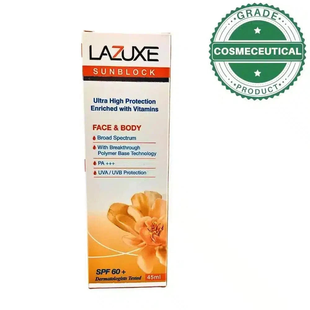 LAZUXE SPF 60+ SUNBLOCK 45ml ULTRA HIGH PROTECTION ENRICHED WITH VITAMINS - dermatologists.pk