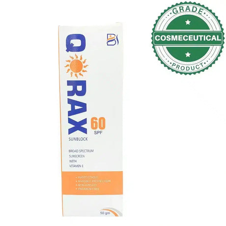 QORAX SUNBLOCK SPF 60 BROAD SPECTRUM SUNSCREEN WITH VITAMIN E 50gm - dermatologists.pk