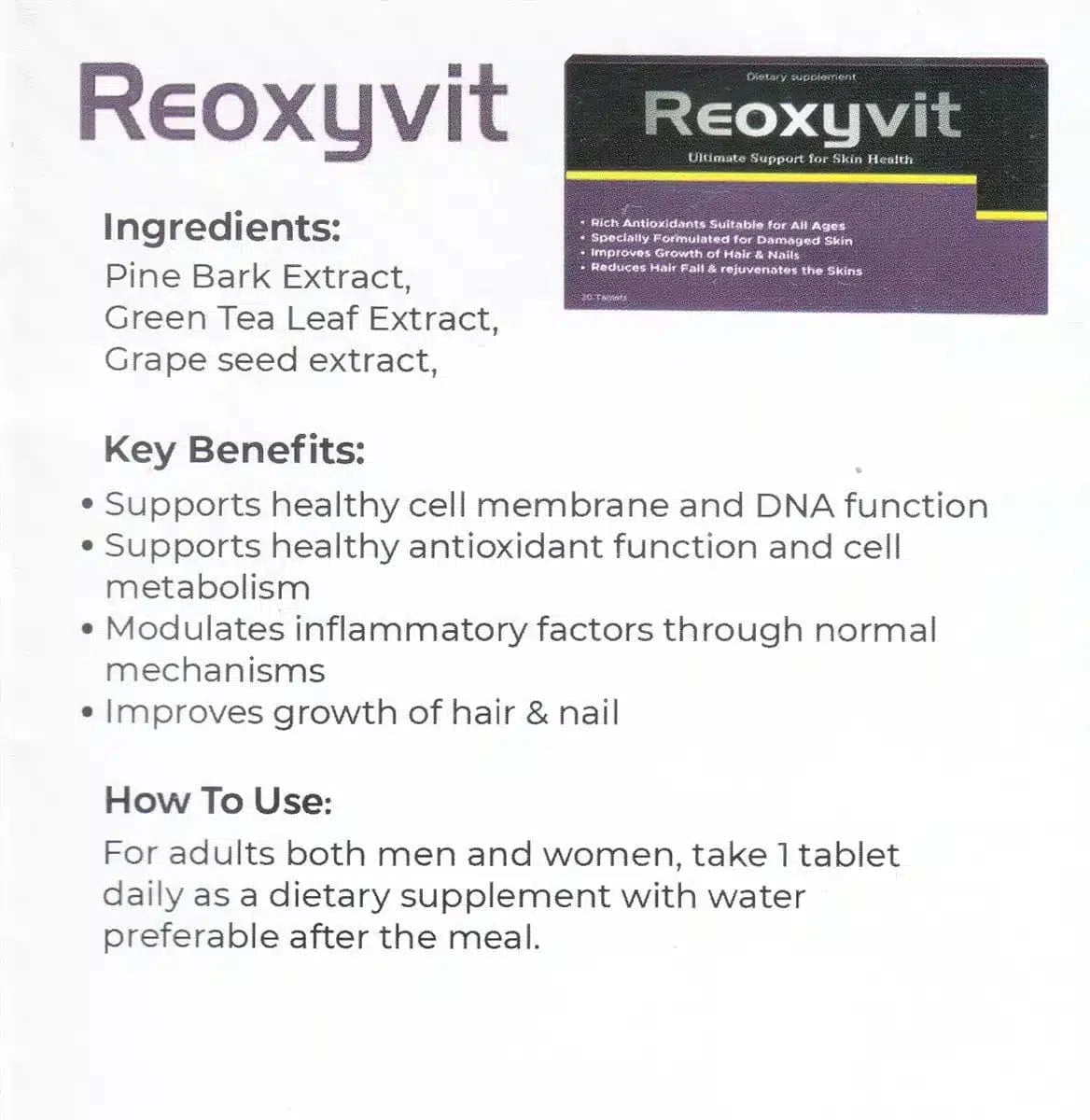 REOXYVIT SKIN HEALTH SUPPLEMENT 30 TABLETS - dermatologists.pk